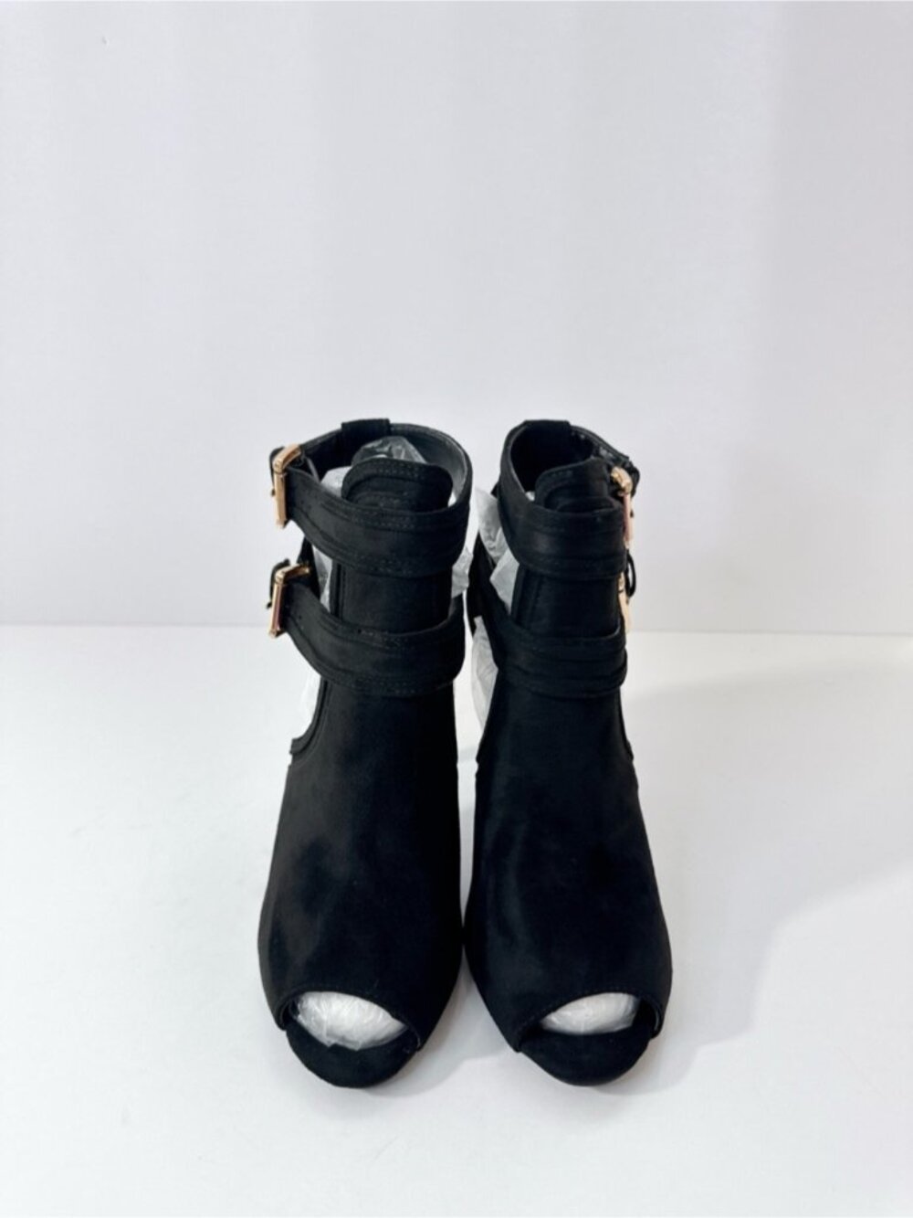 Size 9 Women’s Black Peep Toe Heeled Booties Cutout Double Buckle